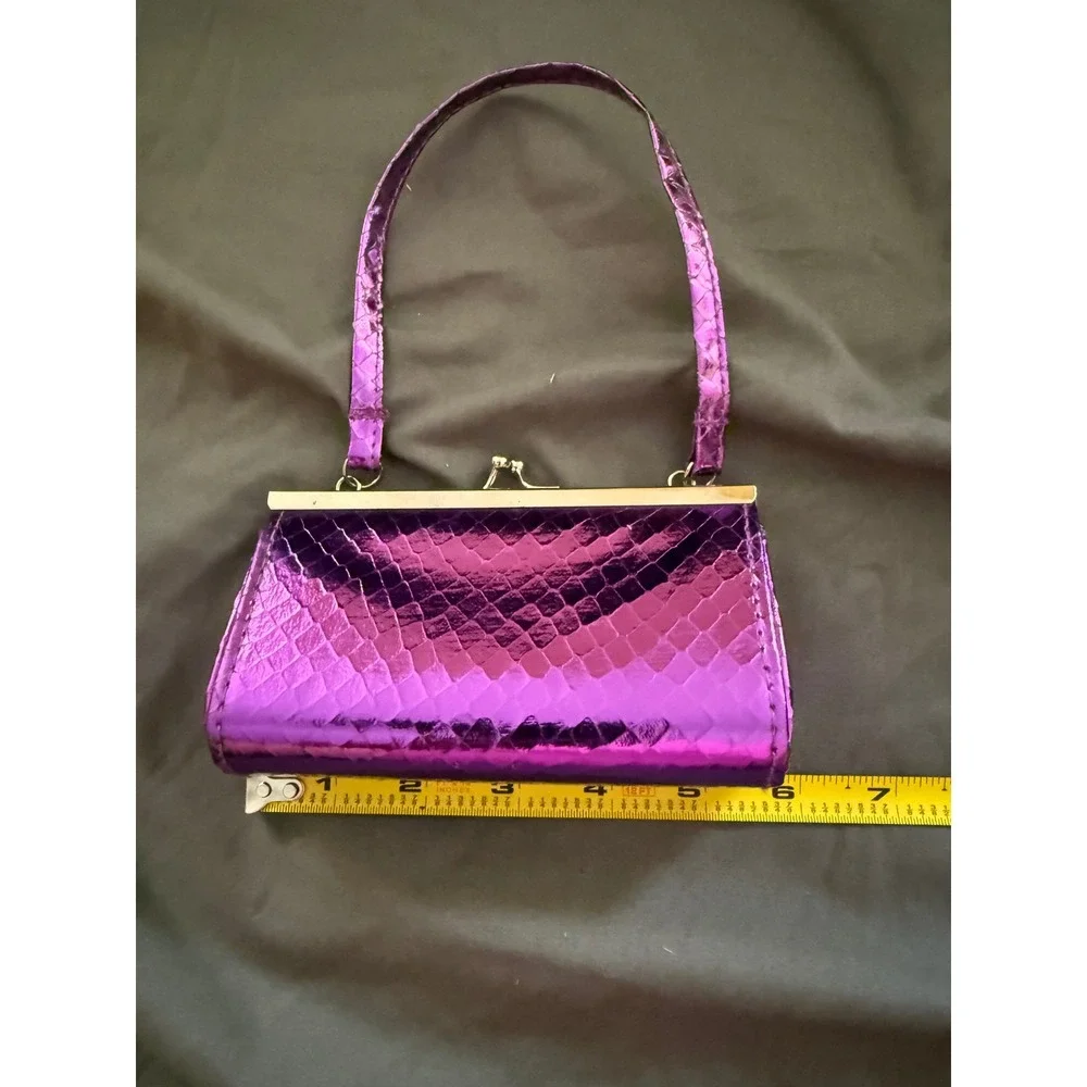 Purple Metallic Faux Snakeskin Kiss Lock Frame Handbag Polka Dot Lining Mini Bag